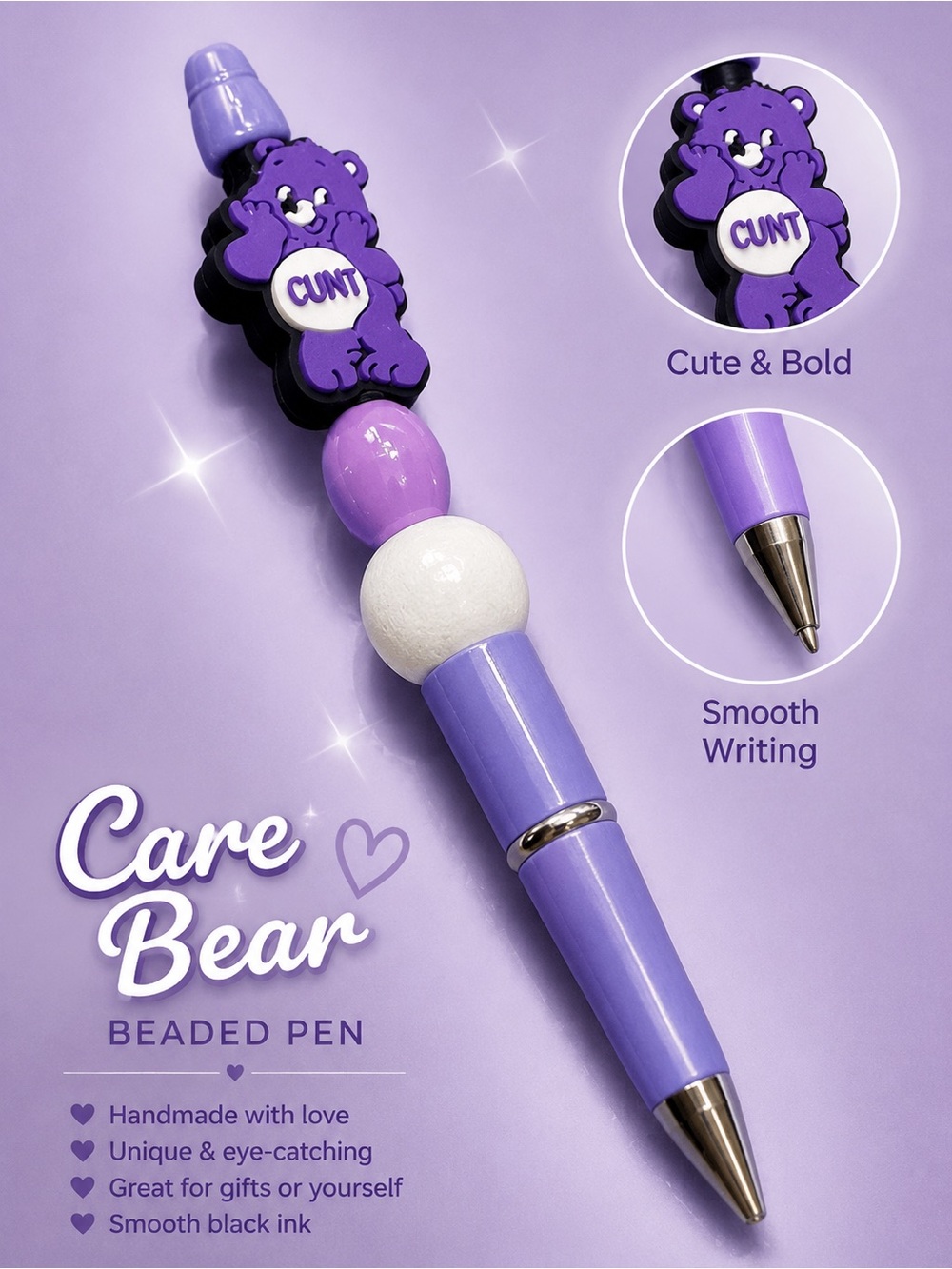 Care Bears cussing funny Purple Beaded Ballpoint Pen with Character Charm